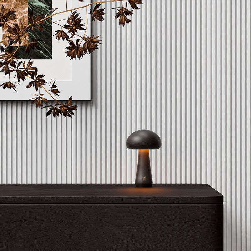 Contemporary Scandinavian Rechargeable Solid Wood Mushroom LED Table Lamp Night Light for Bedside, Modern Nightstand Lamp, Eco-Friendly Wood Decor, USB Rechargeable Reading Light, Adjustable Brightness Bedroom Lighting, Minimalist Design Home Accessory, W