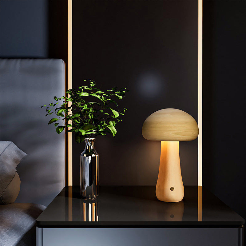 Contemporary Scandinavian Solid Wood Mushroom LED Table Lamp Night Light