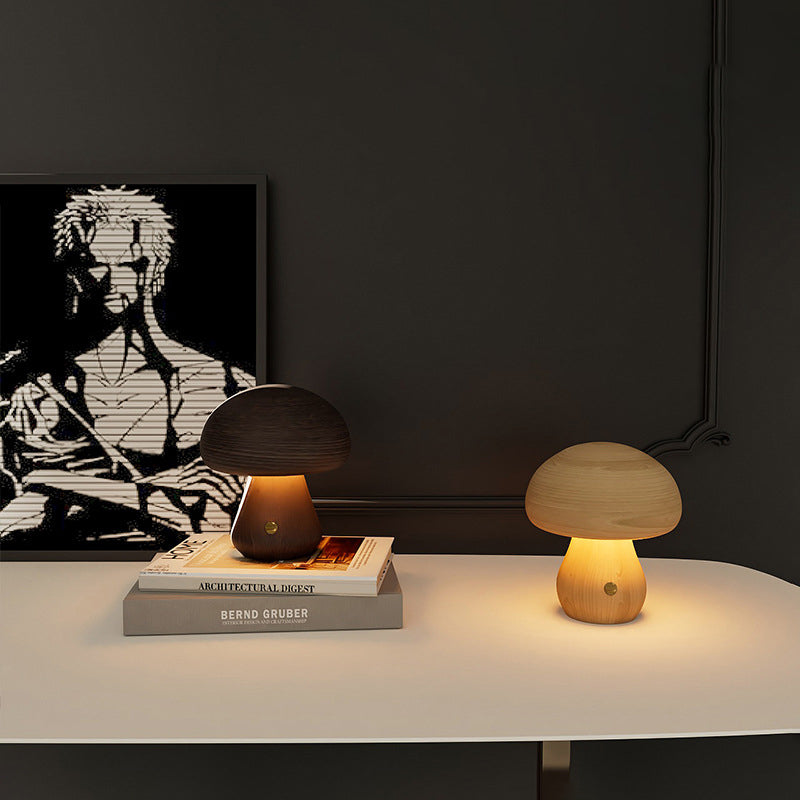 Contemporary Scandinavian Rechargeable Solid Wood Mushroom LED Table Lamp Night Light for Bedside, Modern Nightstand Lamp, Eco-Friendly Wood Decor, USB Rechargeable Reading Light, Adjustable Brightness Bedroom Lighting, Minimalist Design Home Accessory, W