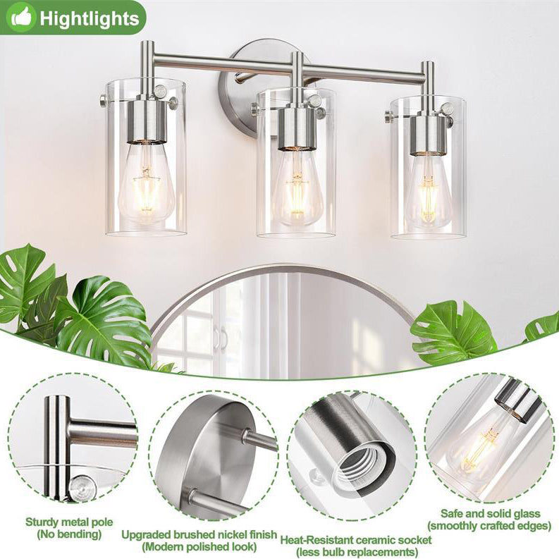 Contemporary Industrial Metal Glass Cylinder 3-Light Wall Sconce Vanity Light for Bathroom