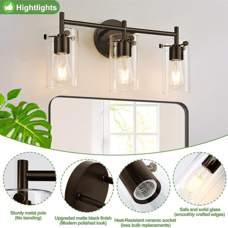 Contemporary Industrial Metal Glass Cylinder 3-Light Wall Sconce Vanity Light for Bathroom