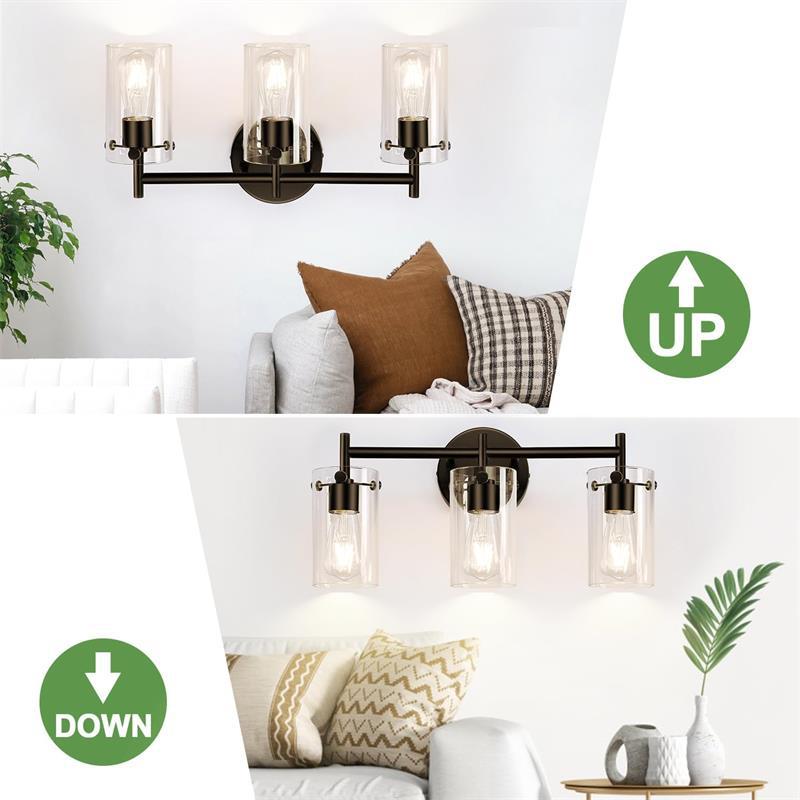 Contemporary Industrial Metal Glass Cylinder 3-Light Wall Sconce Vanity Light for Bathroom