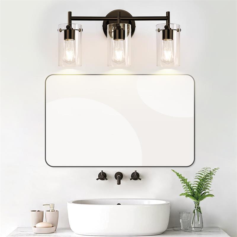 Contemporary Industrial Metal Glass Cylinder 3-Light Wall Sconce Vanity Light for Bathroom
