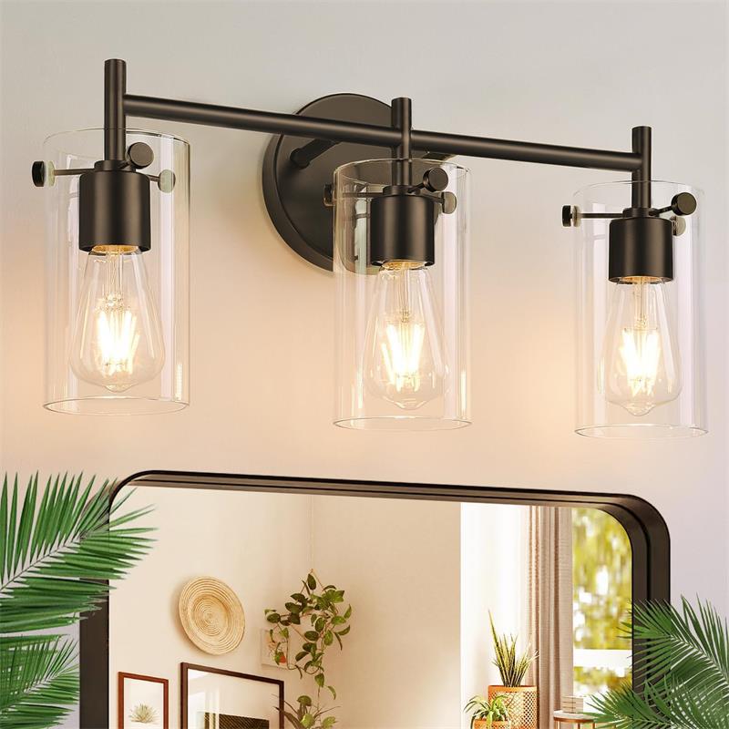 Contemporary Industrial Metal Glass Cylinder 3-Light Wall Sconce Vanity Light for Bathroom