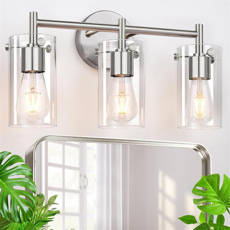 Contemporary Industrial Metal Glass Cylinder 3-Light Wall Sconce Vanity Light for Bathroom