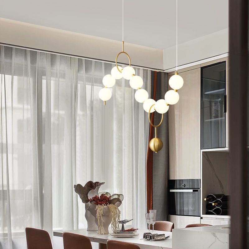 Contemporary Nordic Copper Acrylic Bead Pearl Necklace LED Chandelier for Living Room Island Light