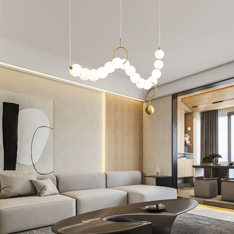 Contemporary Nordic Copper Acrylic Bead Pearl Necklace LED Chandelier for Living Room Island Light
