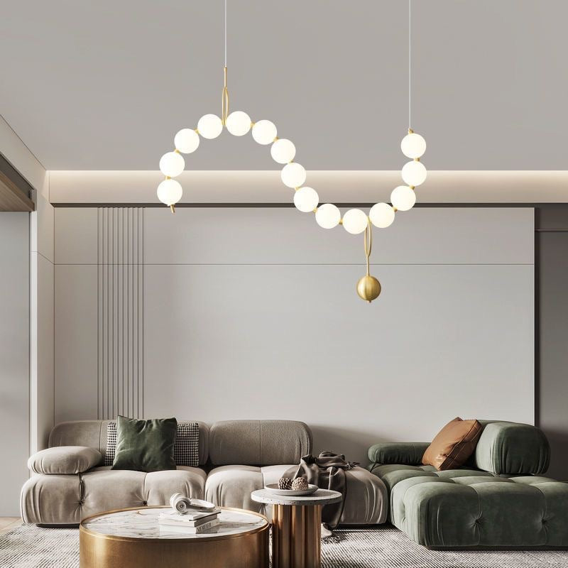 Contemporary Nordic Copper Acrylic Bead Pearl Necklace LED Chandelier for Living Room Island Light