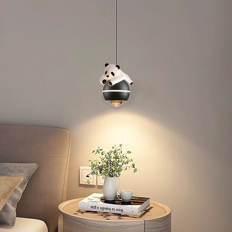 Contemporary Nordic Aluminum Liftable Kids Panda Bear Ball LED Pendant Light Bedside Lamp Nursery Decor Hanging Light Fixture Childrens Room Illumination Indoor Lighting