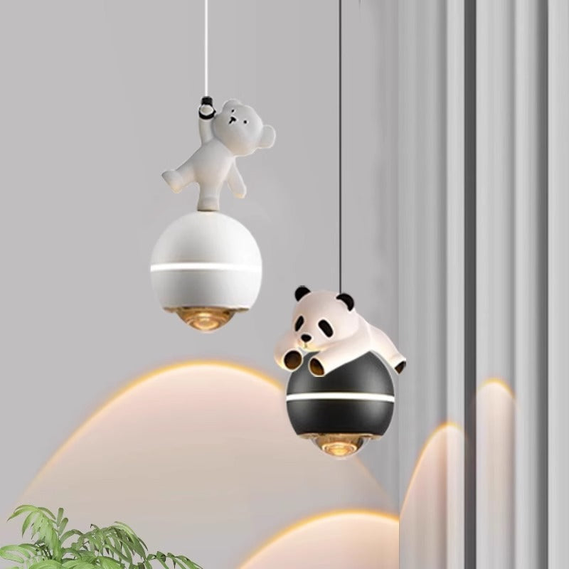 Contemporary Nordic Aluminum Liftable Kids Panda Bear Ball LED Pendant Light Bedside Lamp Nursery Decor Hanging Light Fixture Childrens Room Illumination Indoor Lighting