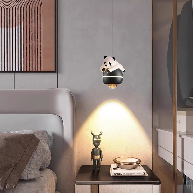 Contemporary Nordic Aluminum Liftable Kids Panda Bear Ball LED Pendant Light Bedside Lamp Nursery Decor Hanging Light Fixture Childrens Room Illumination Indoor Lighting