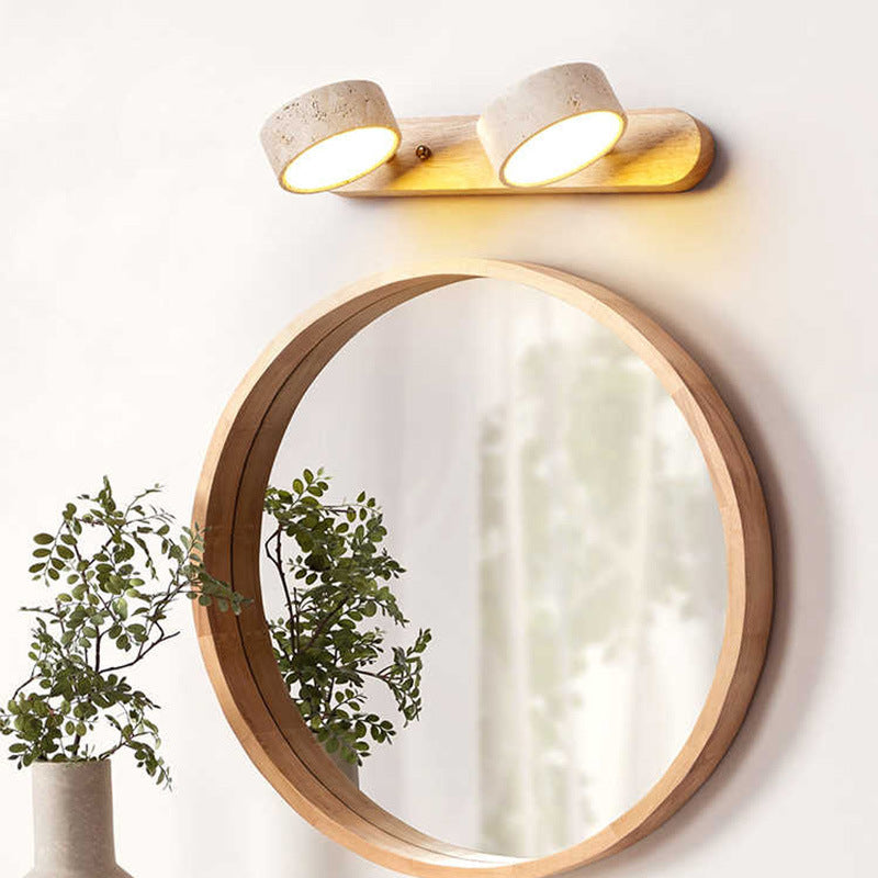 Traditional Japanese Rotatable LED Wall Sconce Lamp - Bathroom Vanity Lighting in Travertine Wood Design