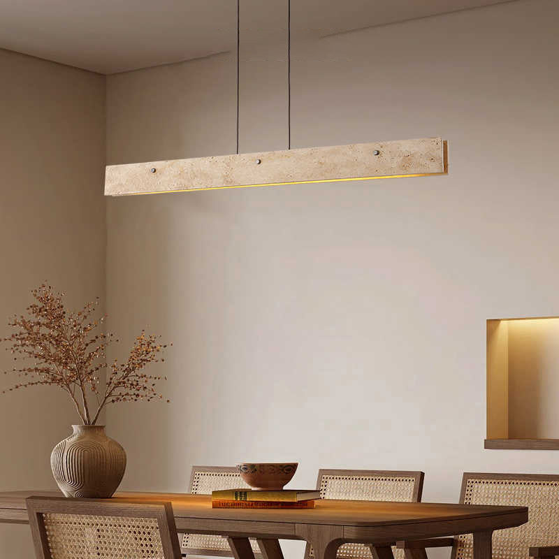 Traditional Japanese LED Chandeliers - Travertine Aluminum Strip Island Light for Dining Room
