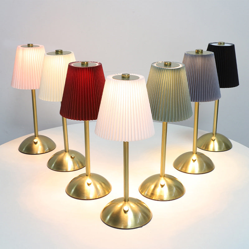 Contemporary Scandinavian Rechargeable Fabric Iron LED Table Lamp - Pleated Cylinder Design for Bedside Elegance