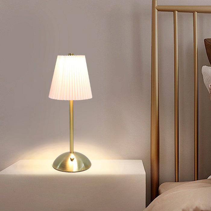 Contemporary Scandinavian Rechargeable Fabric Iron LED Table Lamp - Pleated Cylinder Design for Bedside Elegance