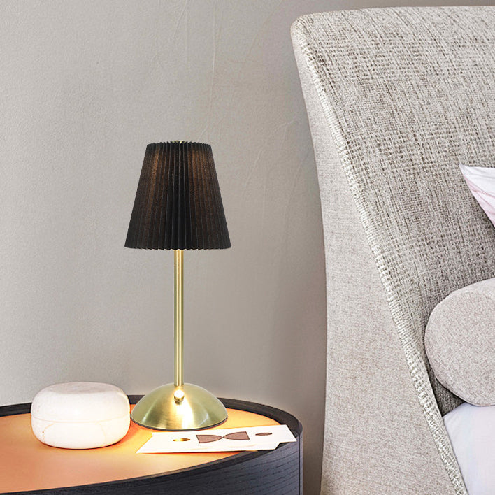 Contemporary Scandinavian Rechargeable Fabric Iron LED Table Lamp - Pleated Cylinder Design for Bedside Elegance