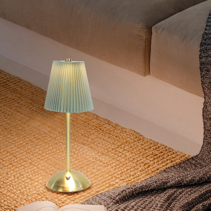 Contemporary Scandinavian Rechargeable Fabric Iron Pleated Cylinder LED Table Lamp for Bedside, Modern Nightstand Light, Nordic Design Desk Lamp, USB Rechargeable, Elegant Home Decor, Soft Lighting for Bedroom, Stylish Cylinder Lamp, Minimalist Iron Fabri
