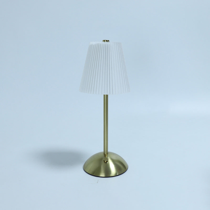Contemporary Scandinavian Rechargeable Fabric Iron LED Table Lamp - Pleated Cylinder Design for Bedside Elegance