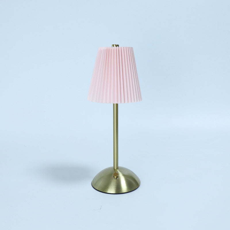 Contemporary Scandinavian Rechargeable Fabric Iron Pleated Cylinder LED Table Lamp for Bedside, Modern Nightstand Light, Nordic Design Desk Lamp, USB Rechargeable, Elegant Home Decor, Soft Lighting for Bedroom, Stylish Cylinder Lamp, Minimalist Iron Fabri