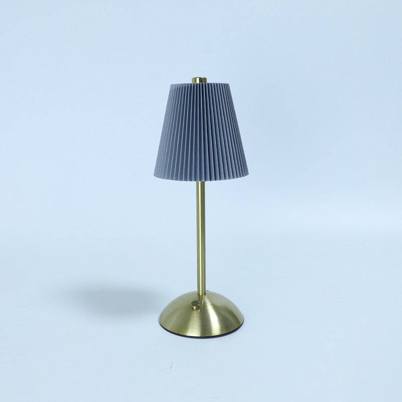 Contemporary Scandinavian Rechargeable Fabric Iron Pleated Cylinder LED Table Lamp for Bedside, Modern Nightstand Light, Nordic Design Desk Lamp, USB Rechargeable, Elegant Home Decor, Soft Lighting for Bedroom, Stylish Cylinder Lamp, Minimalist Iron Fabri