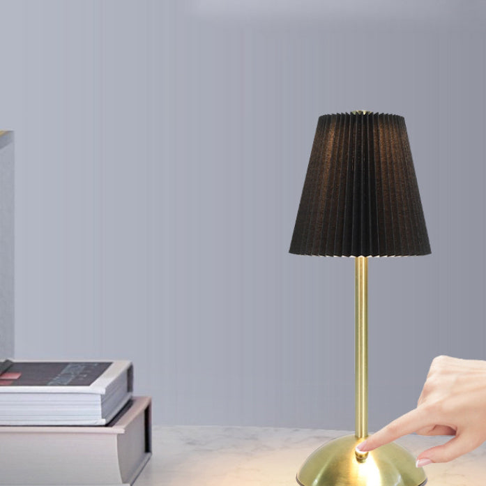 Contemporary Scandinavian Rechargeable Fabric Iron LED Table Lamp - Pleated Cylinder Design for Bedside Elegance