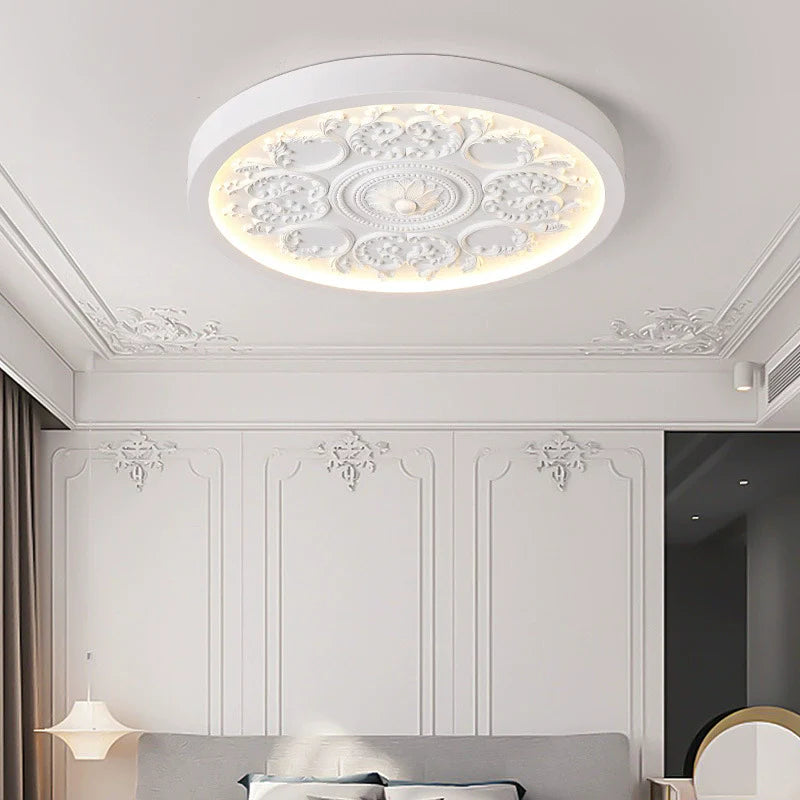 Traditional French Resin Iron Acrylic Engraved Flower LED Flush Mount Ceiling Light