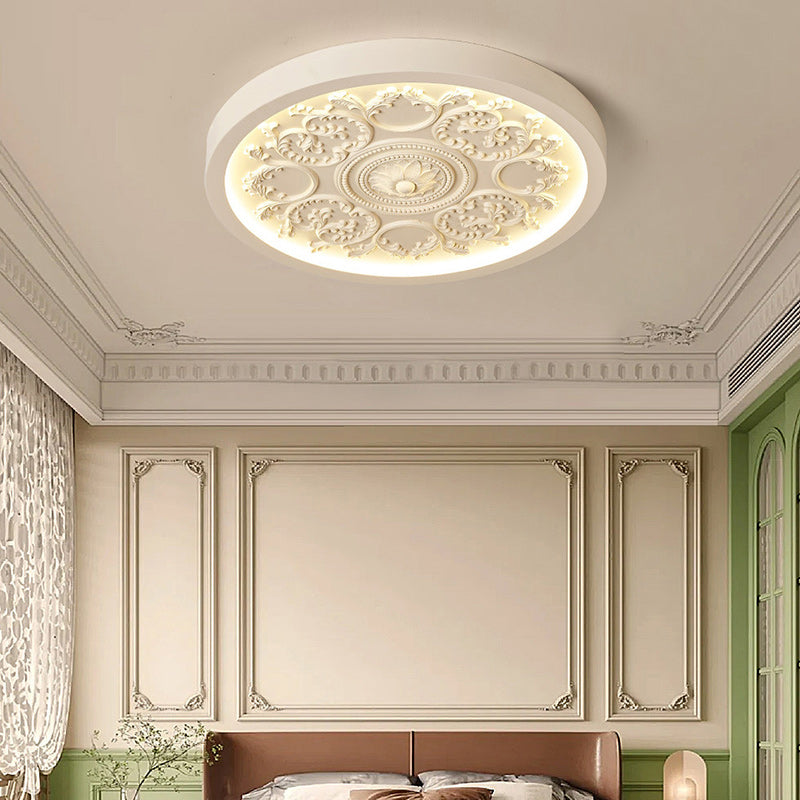 Traditional French Resin Iron Acrylic Engraved Flower LED Flush Mount Ceiling Light