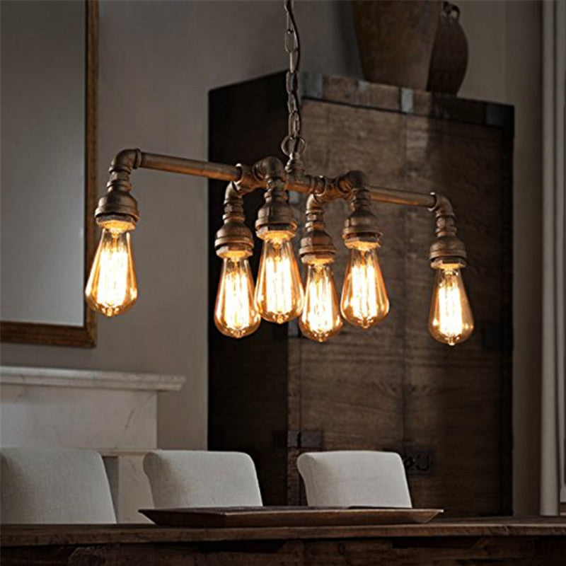 Contemporary Industrial Iron Water Pipe 6-Light Chandelier for Dining Room