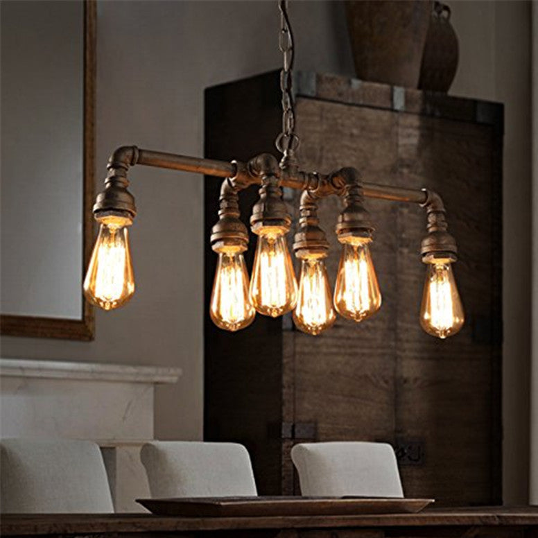 Contemporary Industrial Iron Water Pipe 6-Light Chandelier for Dining Room