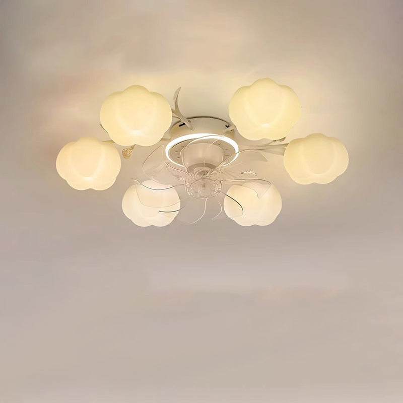 Contemporary Nordic Iron PVC Cotton Pumpkin Semi-Flush Mount Ceiling Fan Light for Bedroom 6/8/10 Lights