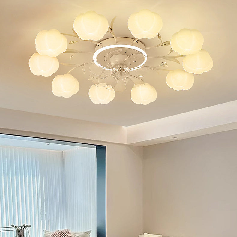 Contemporary Nordic Iron PVC Cotton Pumpkin Semi-Flush Mount Ceiling Fan Light for Bedroom 6/8/10 Lights