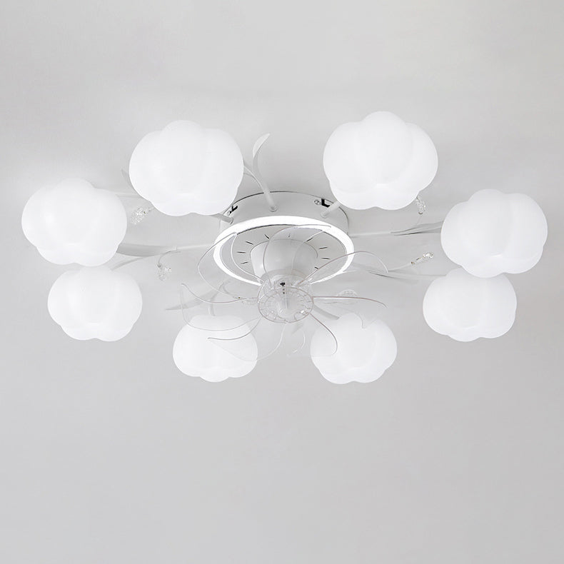 Contemporary Nordic Iron PVC Cotton Pumpkin Semi-Flush Mount Ceiling Fan Light for Bedroom 6/8/10 Lights