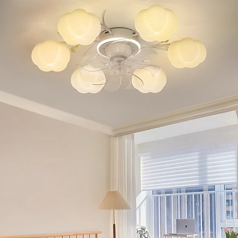 Contemporary Nordic Iron PVC Cotton Pumpkin Semi-Flush Mount Ceiling Fan Light for Bedroom 6/8/10 Lights