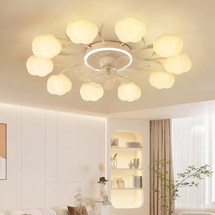 Contemporary Nordic Iron PVC Cotton Pumpkin Semi-Flush Mount Ceiling Fan Light for Bedroom 6/8/10 Lights