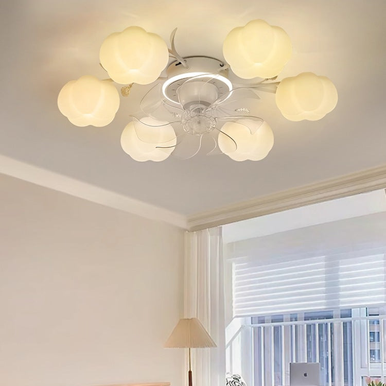 Contemporary Nordic Iron PVC Cotton Pumpkin Semi-Flush Mount Ceiling Fan Light for Bedroom 6/8/10 Lights