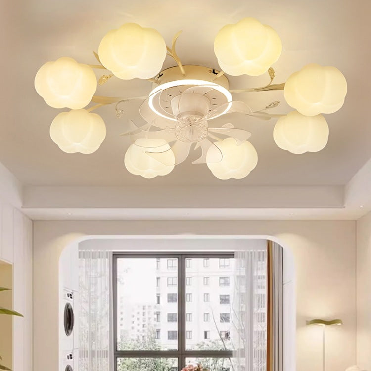 Contemporary Nordic Iron PVC Cotton Pumpkin Semi-Flush Mount Ceiling Fan Light for Bedroom 6/8/10 Lights