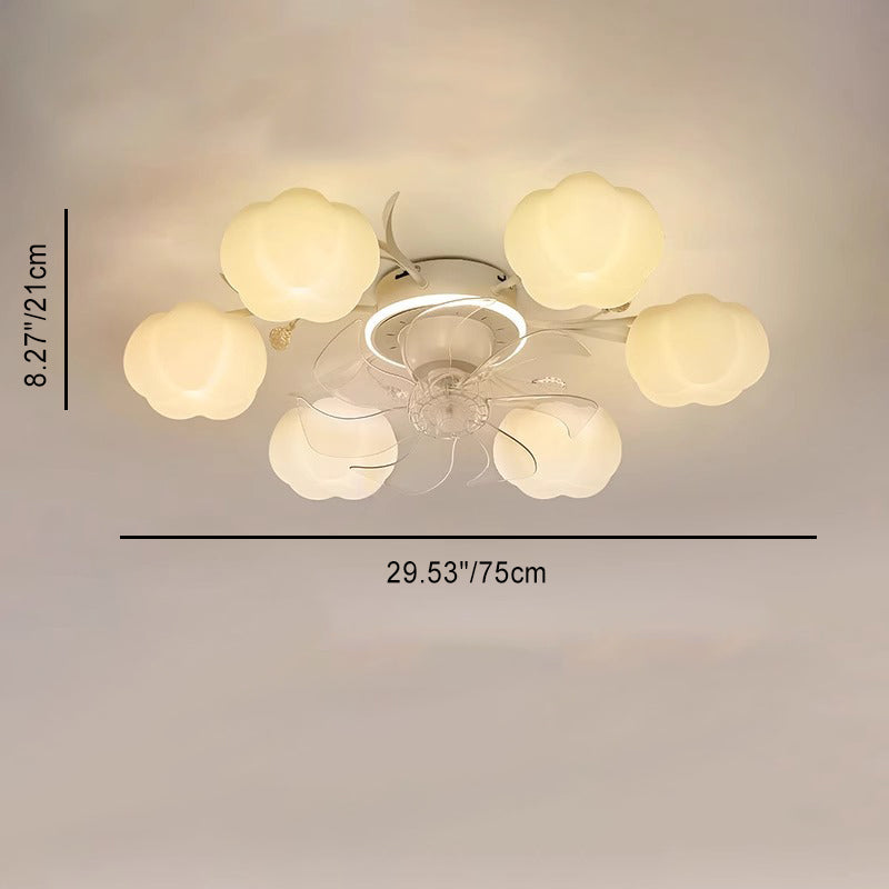 Contemporary Nordic Iron PVC Cotton Pumpkin Semi-Flush Mount Ceiling Fan Light for Bedroom 6/8/10 Lights
