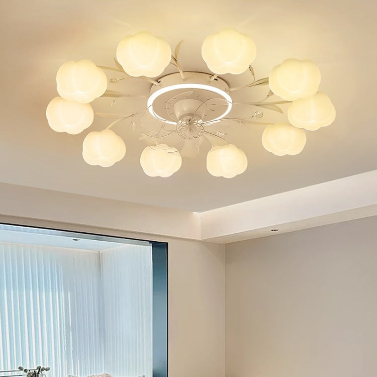 Contemporary Nordic Iron PVC Cotton Pumpkin Semi-Flush Mount Ceiling Fan Light for Bedroom 6/8/10 Lights