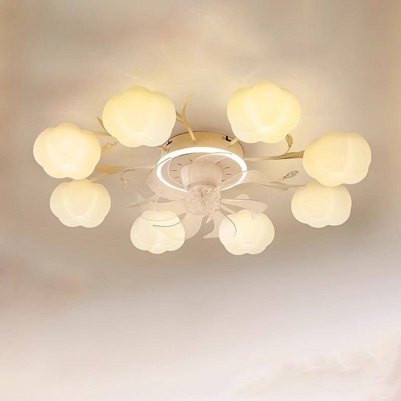 Contemporary Nordic Iron PVC Cotton Pumpkin Semi-Flush Mount Ceiling Fan Light for Bedroom 6/8/10 Lights