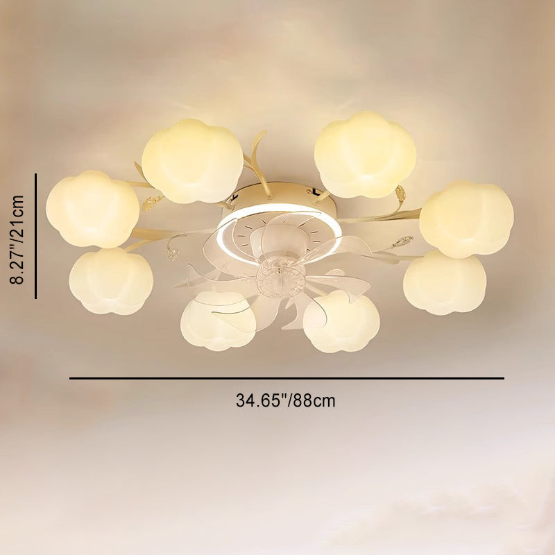 Contemporary Nordic Iron PVC Cotton Pumpkin Semi-Flush Mount Ceiling Fan Light for Bedroom 6/8/10 Lights