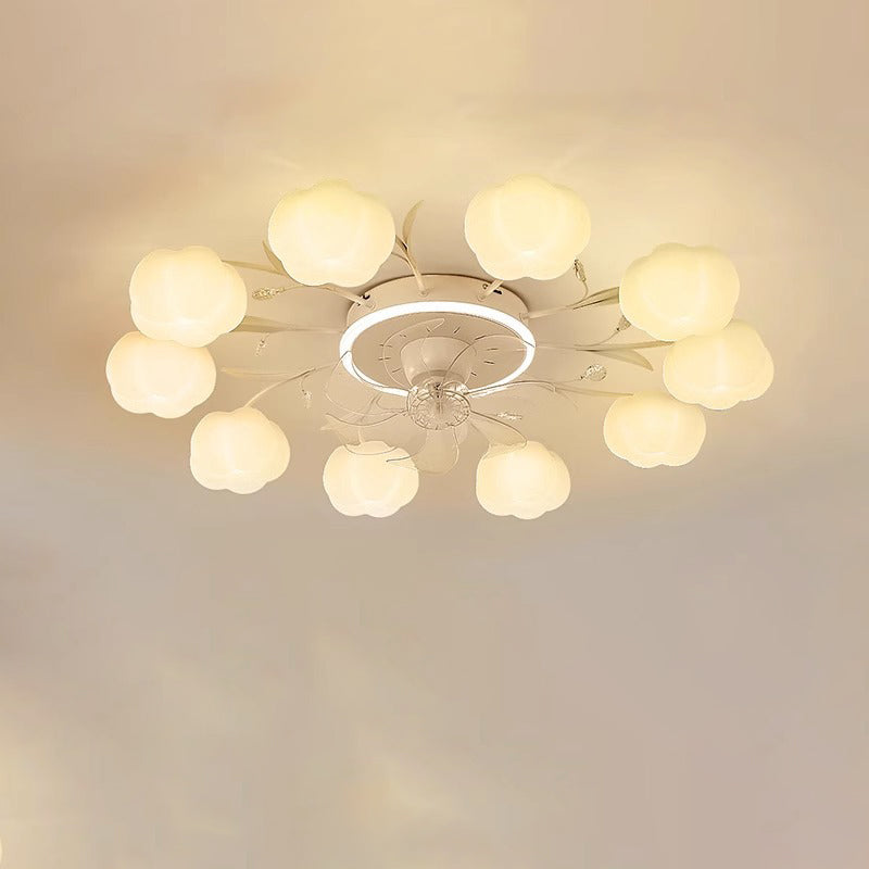 Contemporary Nordic Iron PVC Cotton Pumpkin Semi-Flush Mount Ceiling Fan Light for Bedroom 6/8/10 Lights