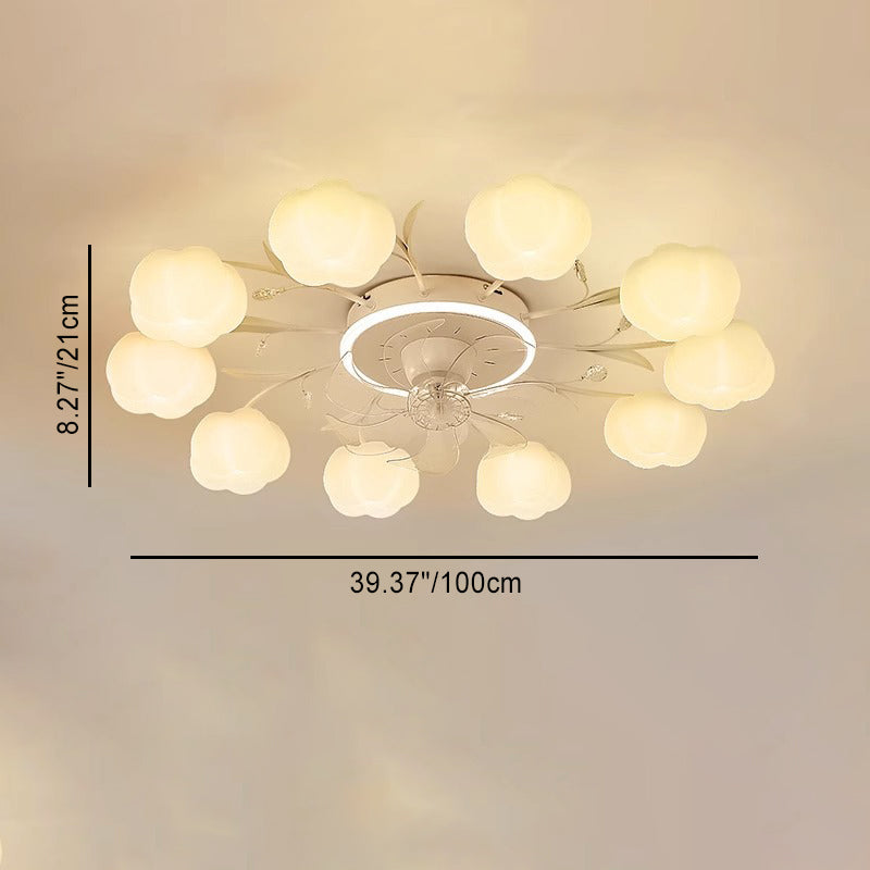 Contemporary Nordic Iron PVC Cotton Pumpkin Semi-Flush Mount Ceiling Fan Light for Bedroom 6/8/10 Lights