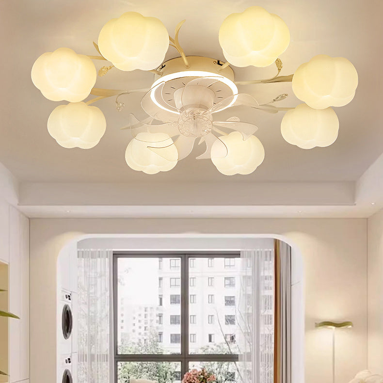 Contemporary Nordic Iron PVC Cotton Pumpkin Semi-Flush Mount Ceiling Fan Light for Bedroom 6/8/10 Lights