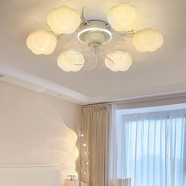 Contemporary Nordic Iron PVC Cotton Pumpkin Semi-Flush Mount Ceiling Fan Light for Bedroom 6/8/10 Lights