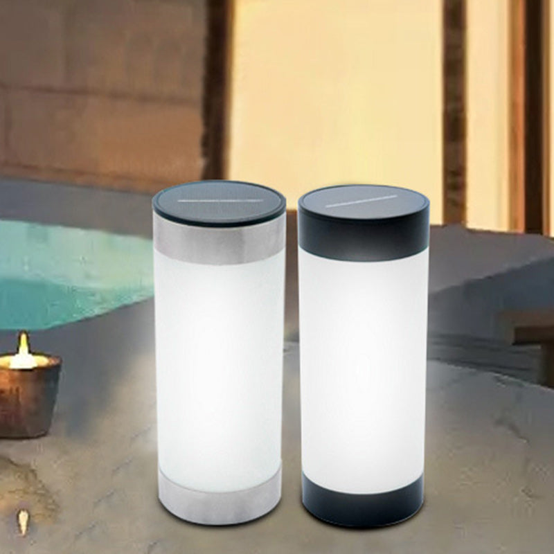 Modern Minimalist Solar Waterproof Stainless Steel Plastic Glass Cylinder Portable LED Outdoor Table Lamp for Patio, Garden, Deck, Landscape Lighting, Rechargeable Waterproof Light, Outdoor Decoration, Energy-Efficient Solar Light