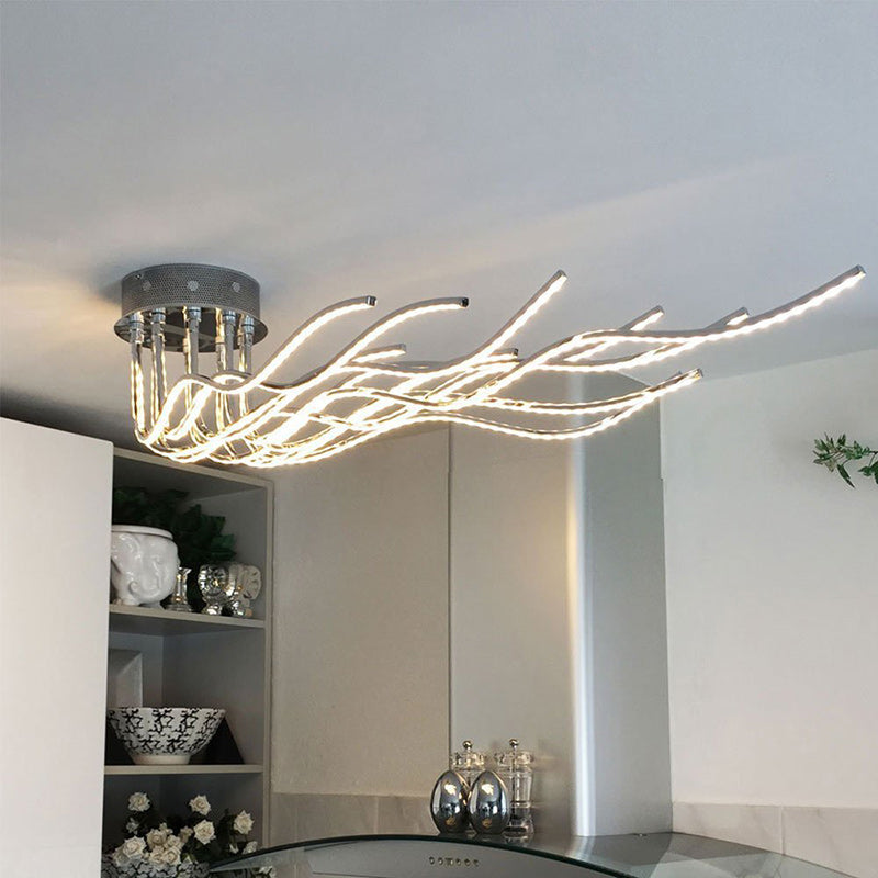 Contemporary Wave LED Semi-Flush Mount Ceiling Light for Living Room, Aluminum & Acrylic Design