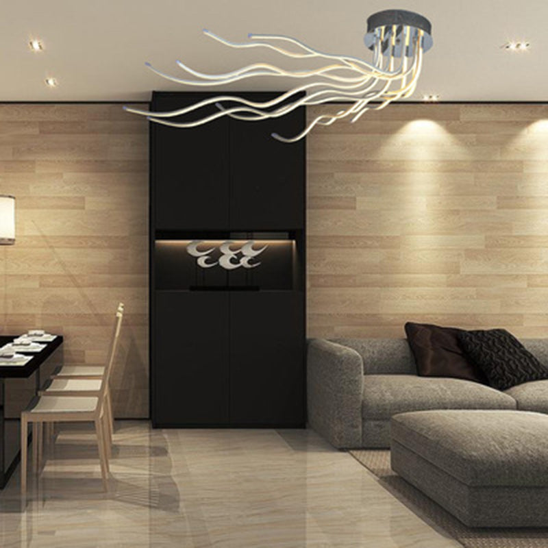 Contemporary Wave LED Semi-Flush Mount Ceiling Light for Living Room, Aluminum & Acrylic Design