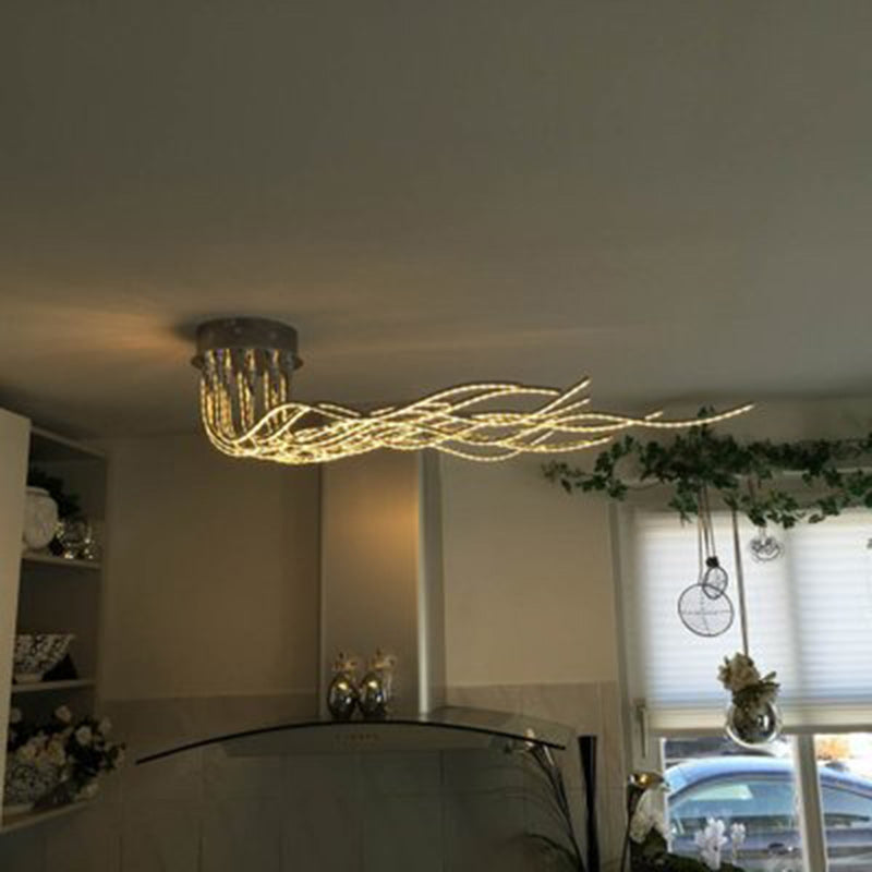 Contemporary Wave LED Semi-Flush Mount Ceiling Light for Living Room, Aluminum & Acrylic Design