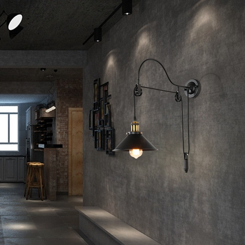 Retro Industrial Wrought Iron Pulley Wall Sconce Lamp
