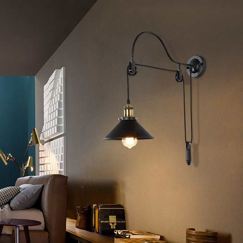 Retro Industrial Wrought Iron Pulley Wall Sconce Lamp - Vintage Lighting Fixture
